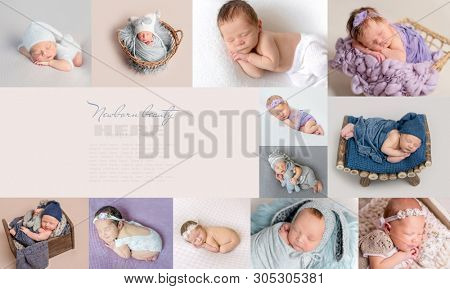 Placed in perfect order, collage of pictures of sleepy newborns, with text space