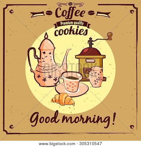 Menu Daking, Croissant, Biscuit, Coffee Grinder, Teapot, Cup, , Illustration, Isolated