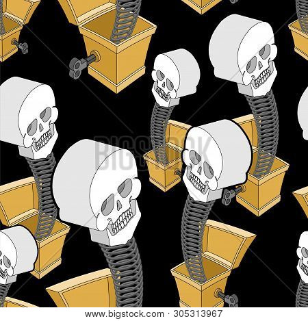 Skull Out Of Prank Box Pattern Seamless. Funny Prize Skeleton Background. Toy For Halloween Ornament