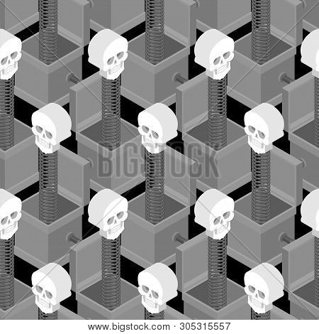Skull Out Of Prank Box Pattern Seamless. Funny Prize Skeleton Background. Toy For Halloween Ornament