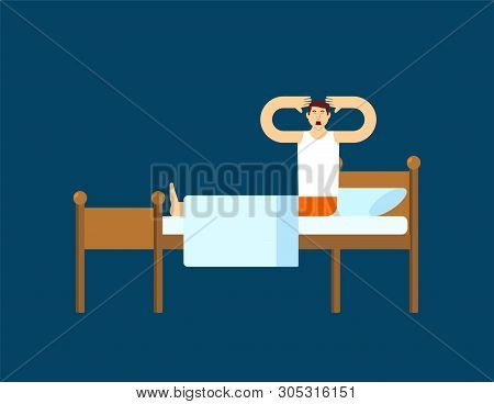 Man Woke Up And Sits On Bed. Guy Wakes Up.