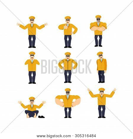 Taxi Driver Set Poses. Cabdriver Happy And Yoga. Cabbie Sleeping And Angry. Guilty And Sad. Vector I