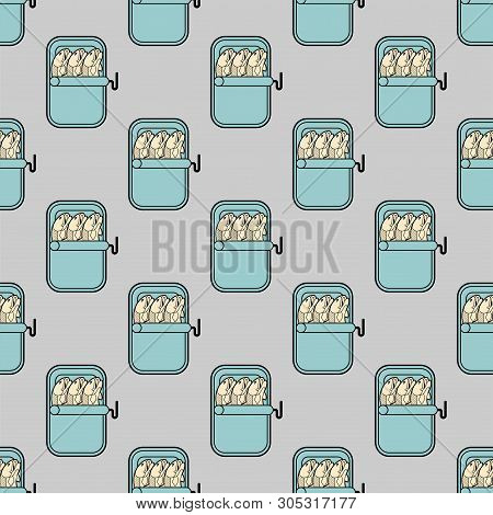 Canned Fish Pattern Seamless. Preserve Piscine tinned Goods Background. Vector Ornament. Food Textur