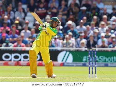 NOTTINGHAM, ENGLAND. 06 JUNE 2019:  Usman Khawaja of Australia plays a shot and is caught out by Shai Hope of West Indies  during the Australia against West Indies, ICC Cricket World Cup match