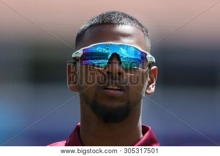 NOTTINGHAM, ENGLAND. 06 JUNE 2019:  A general view  of the ground from the reflection of Nicholas Pooran of West Indies sunglasses during the Australia against West Indies, ICC Cricket World Cup match