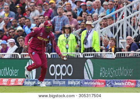 NOTTINGHAM, ENGLAND. 06 JUNE 2019: Sheldon Cottrell of West Indies takes a catch to dismiss Steve Smith of Australia during the Australia against West Indies, ICC Cricket World Cup match