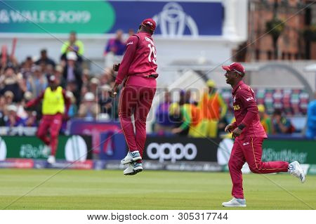 NOTTINGHAM, ENGLAND. 06 JUNE 2019: Sheldon Cottrell of West Indies celebrates taking a catch to dismiss Steve Smith of Australia during the Australia against West Indies, ICC Cricket World Cup match