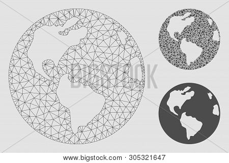 Mesh Earth Model With Triangle Mosaic Icon. Wire Frame Polygonal Network Of Earth. Vector Mosaic Of 