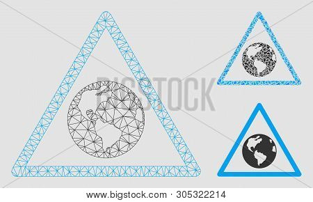 Mesh Earth Warning Model With Triangle Mosaic Icon. Wire Frame Polygonal Mesh Of Earth Warning. Vect