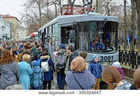 Moscow, Russia - April, 2019: Moscow Tram Parade Of 2019. The Audience Inspects The Tram Lm-2000 (71
