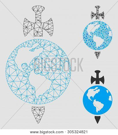 Mesh Earth Guard Model With Triangle Mosaic Icon. Wire Carcass Polygonal Mesh Of Earth Guard. Vector