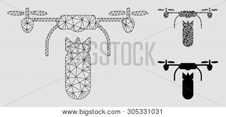 Mesh Drone Bomber Model With Triangle Mosaic Icon. Wire Carcass Polygonal Network Of Drone Bomber. V