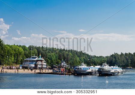 Valaam Island, Russia - 07.07.2018: Motor Ships On Underwater Wings At The Pier Of The Valaam Monast