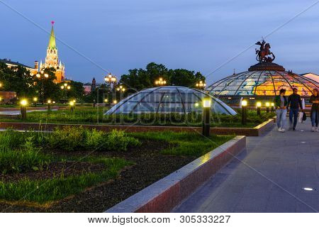 Manezhnaya square, Moscow, Russia - May, 20, 2019: Manezhnaya square in Moscow at sunset