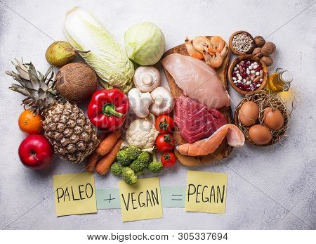 Trendy Pegan Diet. Paleo And Vegan Healthy Products