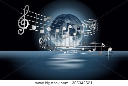 Music Pentagram Around The Moon On Black Background