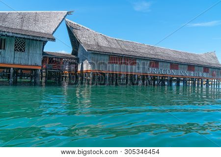 Semporna Sabah - May 10 2019;  Well Known Tourist Resort Dragon Inn Built Out Of Timber On Poles Abo