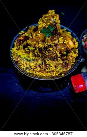 Popular Indian & Asian Kashmiri Dish I.e. Yakhni Or Akhni In A Glass Plate Along With Some Salad And