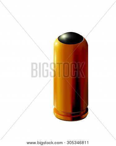 3d Golden Pistol Cartridge With Rubber Bullet Isolated For Traumatic Weapons. Realistic Gold Or Bras