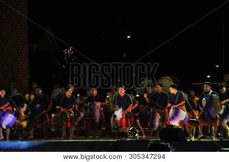 Bangkok, Thailand - 28 May 2019 : Artiste Have Drum Performance  Are Hit Local Ancient Drum And Cult