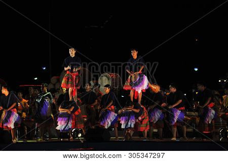 Bangkok, Thailand - 28 May 2019 : Artiste Have Drum Performance  Are Hit Local Ancient Drum And Cult