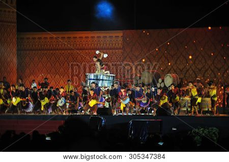 Bangkok, Thailand - 28 May 2019 : Artiste Have Drum Performance  Are Hit Local Ancient Drum And Cult