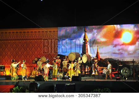 Bangkok, Thailand - 28 May 2019 : Artiste Have Drum Performance  Are Hit Local Ancient Drum And Cult