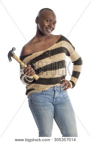Black African American Female Model Holding A Hammer Repair Tool Looking Independent And Self Relian