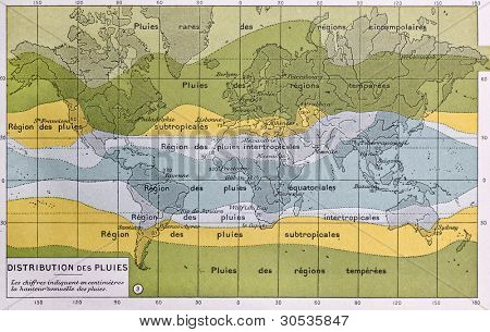 Deszcz globalny mapa pokazująca strefy opadów świata. Paul Vidal de Lablache, Atlas Classique, librération