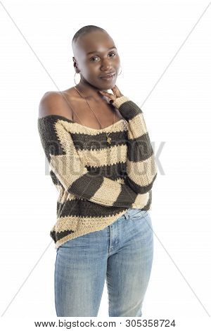 Black African American Female Fashion Model Wearing Spring Style Wool Knit Long Sleeve Shirt Or Swea