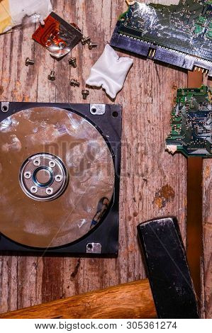 A Man Breaks A Computer Using Locksmith Tools. The Concept Of Hacking, Computer Hacking And Inept Co