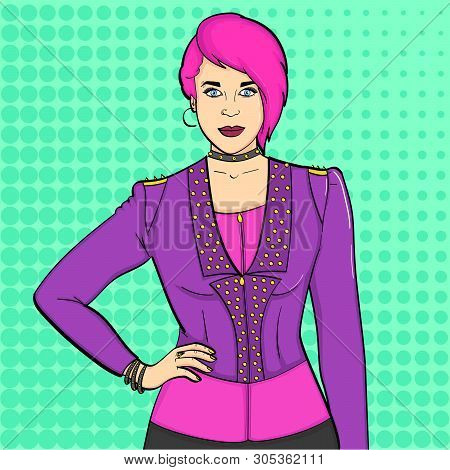 Pop Art Background. Young Girl Punk Subculture, Rockers. Imitation Comic Stich. Raster