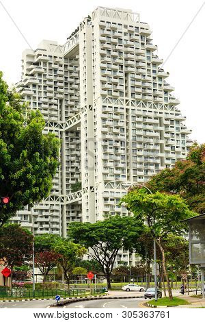Singapore-30 Mar 2019: Singapore Sky Habitat Condo View From Street