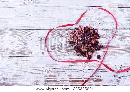 Dry Mix For Brewing Fruit Tea On White Wooden Table