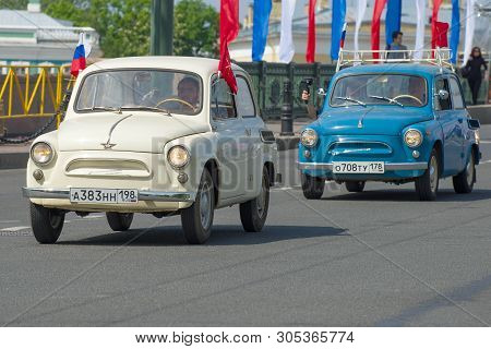 Saint Petersburg, Russia - May 25, 2019: Two Soviet Zaz-965 Midget Cars Close Up. Fragment Of Retro 