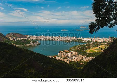 Rodrigo De Freitas Lagoon Seen From Christ The Redeemer Up In Corcovado Mountain, Rio De Janeiro, Br