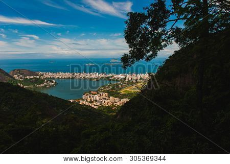 Rodrigo De Freitas Lagoon Seen From Christ The Redeemer Up In Corcovado Mountain, Rio De Janeiro, Br