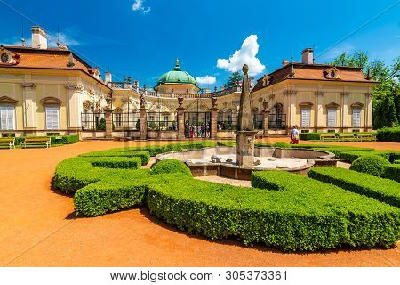 Buchlovice, Czech Republic - 2.6.2019: Tourists Are Walking Near Buchlovice Castle Chateau. Beautifu