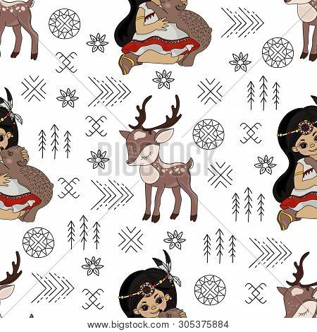 Pocahontas Deer Animal American Native Folk Ethnic Culture Seamless Pattern Vector Illustration For 