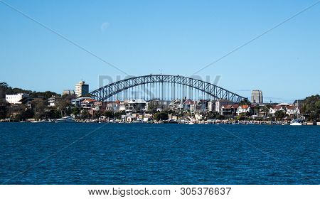 City Harbourside Houses At Robinsons Point Birchgrove Sydney Australia With Harbour Bridge In Backgr
