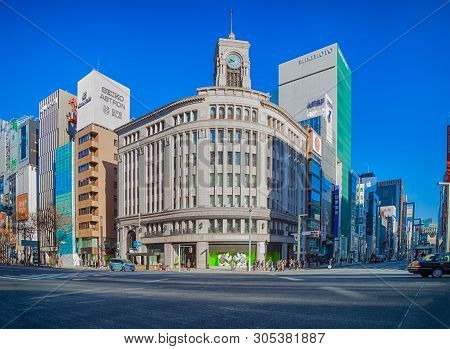 Tokyo, Japan - January 03 , 2018: Cityscape Of Tokyo, The Ginza District. The City Of Department Sto