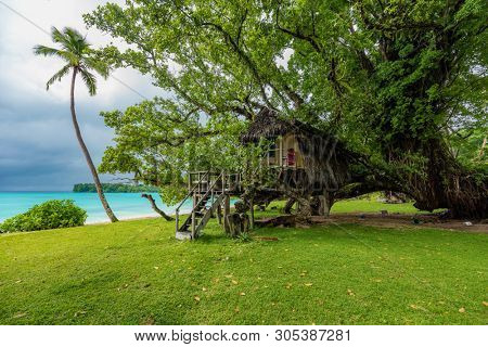 Amazing Port Orly sandy beach with palm trees, Espiritu Santo Island, Vanuatu.