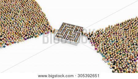 Crowd Of Small Symbolic Figures, Labyrinth Bottleneck, 3d Illustration, Horizontal Background, Over 