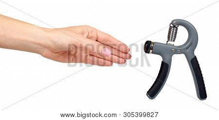 Hand With Expander, Sport Equipment. Isolated Background