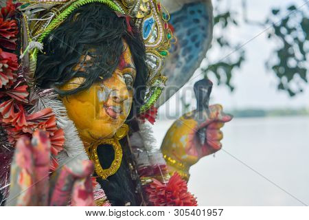 A Devi Maa Durga Sadly Looks Down With Tousled Hair While Tears Flow The Eyes During Durga Maa Visar