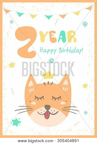Kids Doodles Postcard With Cat. Happy Birthday Card.