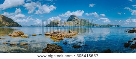 Amazing Panorama View Of El Nido Bay And Cadlao Island At Low Tide, Wonderful Unique Nature Of Palaw