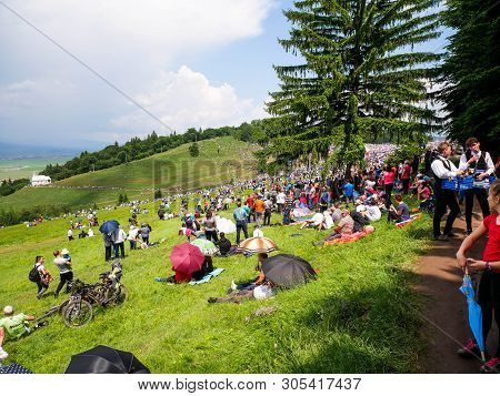 Sumuleu Ciuc, Romania- 08 June 2019: Gathering Catholic Pilgrims To Celebrate The Pentecost.