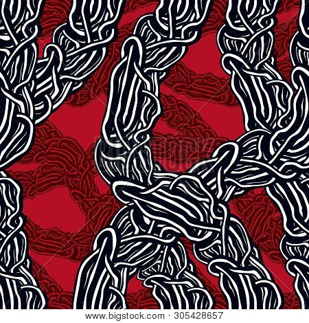 Horror Art Style Horrible Seamless Pattern, Vector Background. Tangled Roots Or Gut Biological Life 