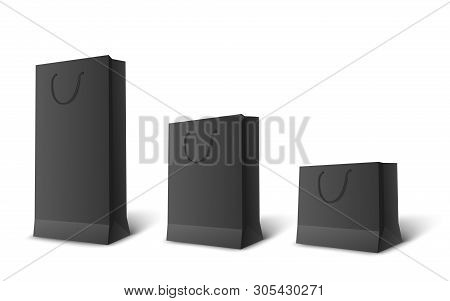 Black Paper Bag Set In Various Sizes. Blank Retail Purchase Packet Mockups In Long, Medium And Short